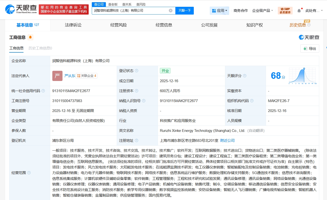 潤健股份上海布局新賽道，能源科技公司正式成立進軍基礎電信業務